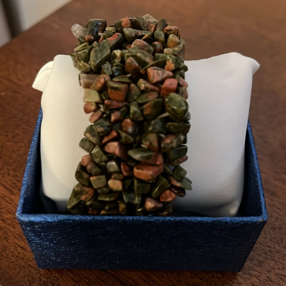 Wide natural Unakite stone bracelet.